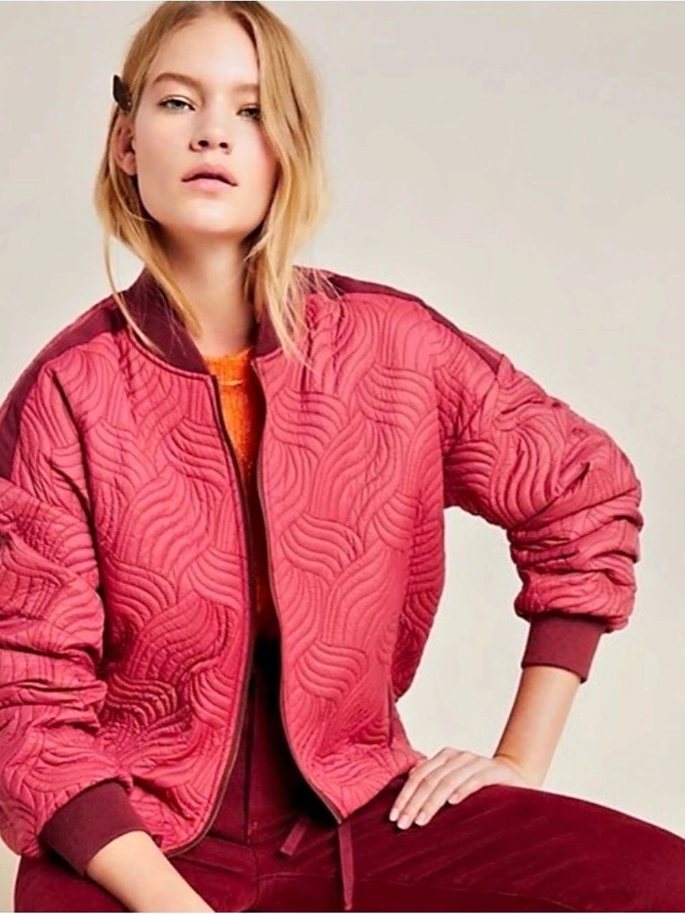 Quilted Abstract Bomber Jacket in Pink & Red Like New